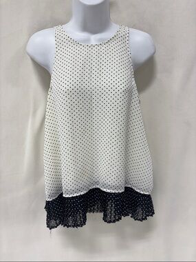 Sleeveless White Polka Dot Swing Top with Black Ruffle Hem